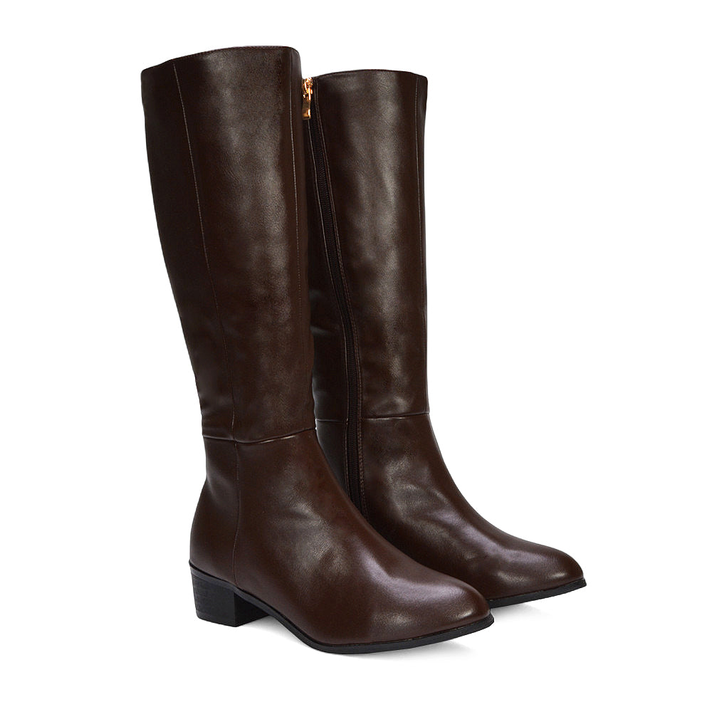 Cassie Low Block Heel Zip Up Knee High Western Boots In Brown Synthetic Leather