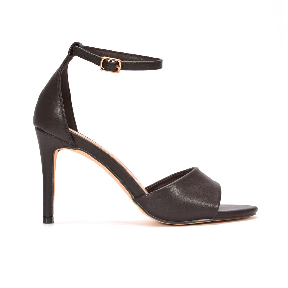 brown ankle strap round toe stiletto heels, brown stiletto heel ankle strap shoes