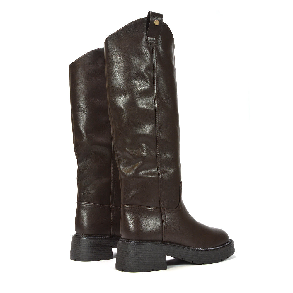 women's brown knee high boots, must have boots, comfortable boots for women,  knee high biker boots