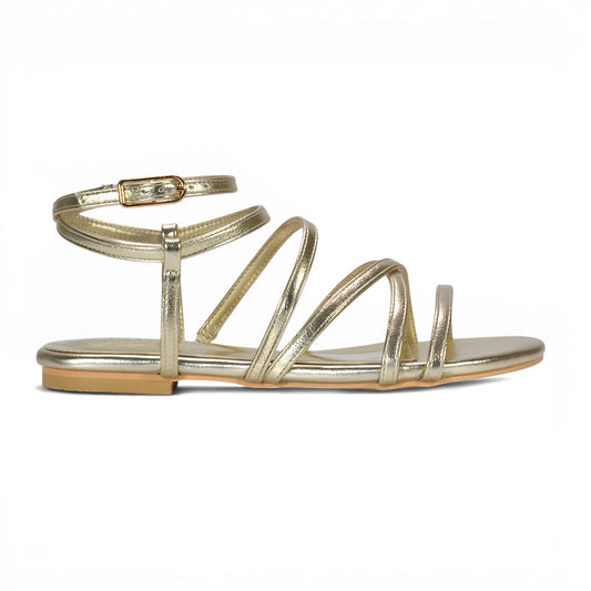 gold flat gladiator sandals, gold flat gladiator strappy sandals with open toe, gold holiday sandals