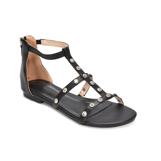 t-bar strappy summer sandals with rhinestones, beach wedding guest sandals sparkly, black studded t-bar sandals sparkly
