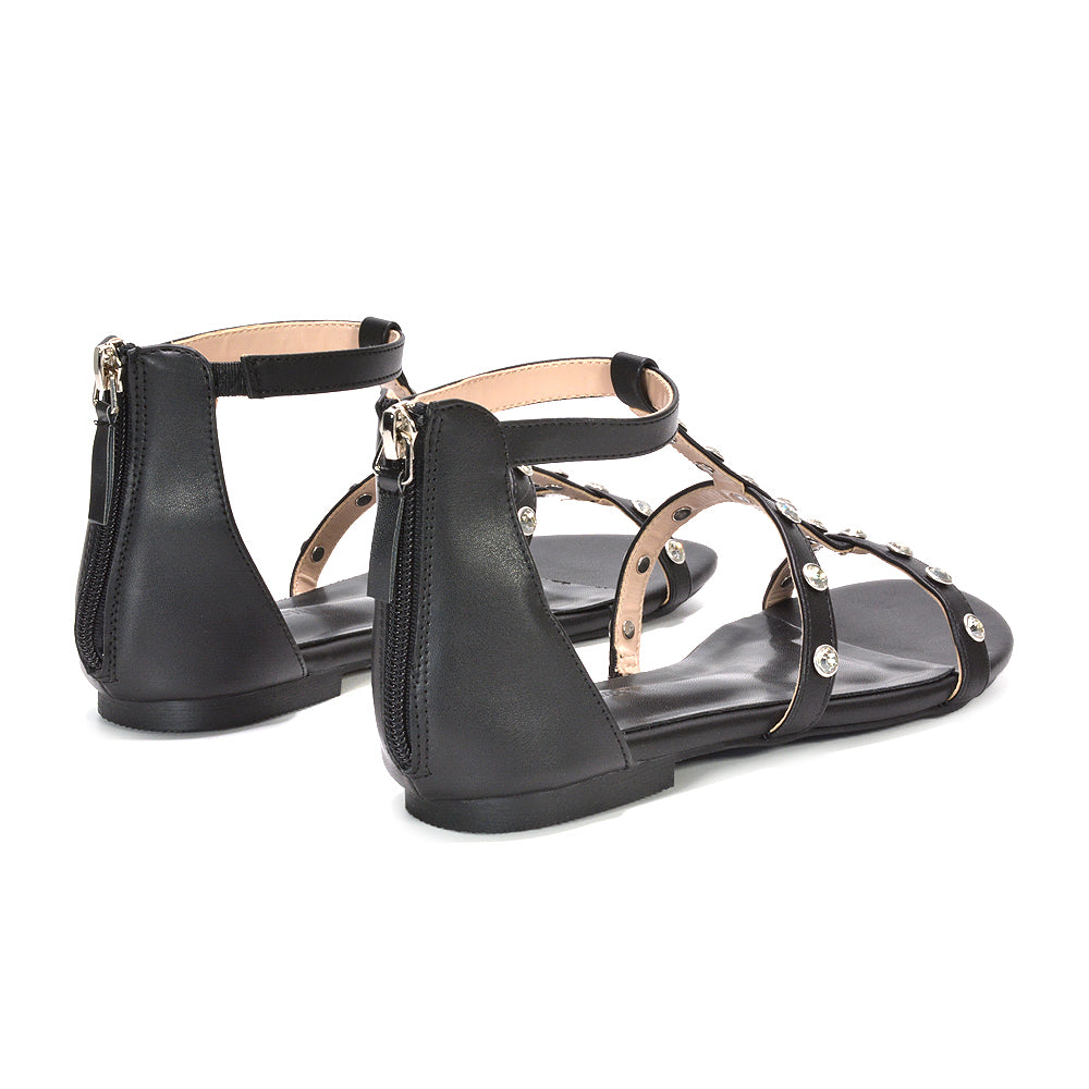 studded t-bar sandals with diamante detailing, casual summer day out strappy sandals, black flat gladiator sandals embellished