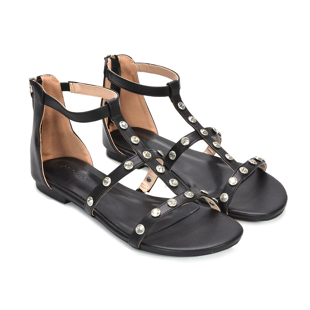 boho chic gladiator sandals with crystals, evening party sparkly flat sandals, black evening sandals with diamante studs