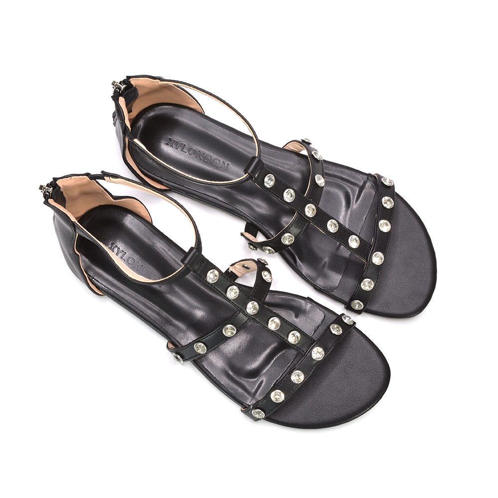 strappy summer sandals with metallic studs, holiday resort wear gladiator sandals, black festival gladiator sandals women, black boho strappy sandals with crystals