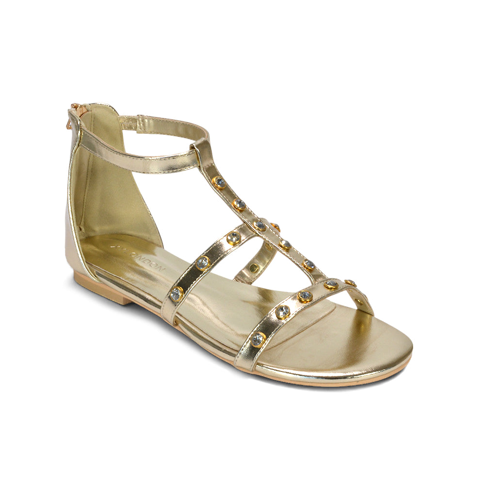 open toe diamante sandals for holiday outfits, vacation sandals comfortable and stylish, gold strappy sandals with rhinestone detail