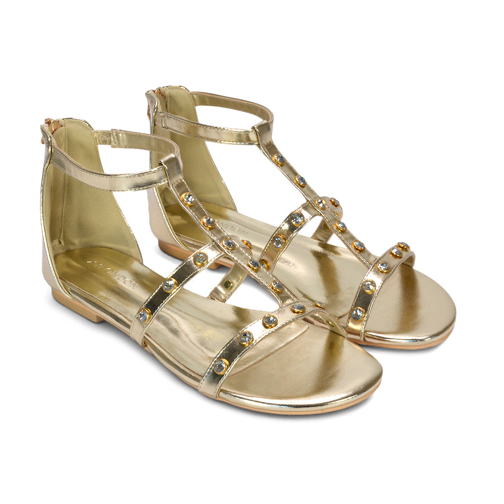 gold evening sandals for summer outfits, strappy t-bar sandals with rhinestone detail, festival outfit sandals women trendy
