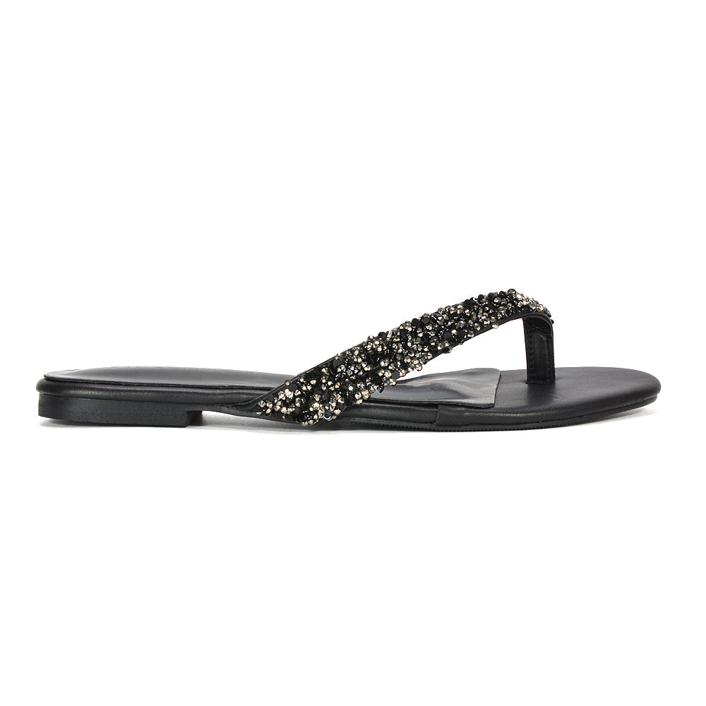 black diamante flip flops, women’s black diamante flip flops for holiday, black beach holiday sandals, black slip on thong sandals, buy black diamante flip flops UK