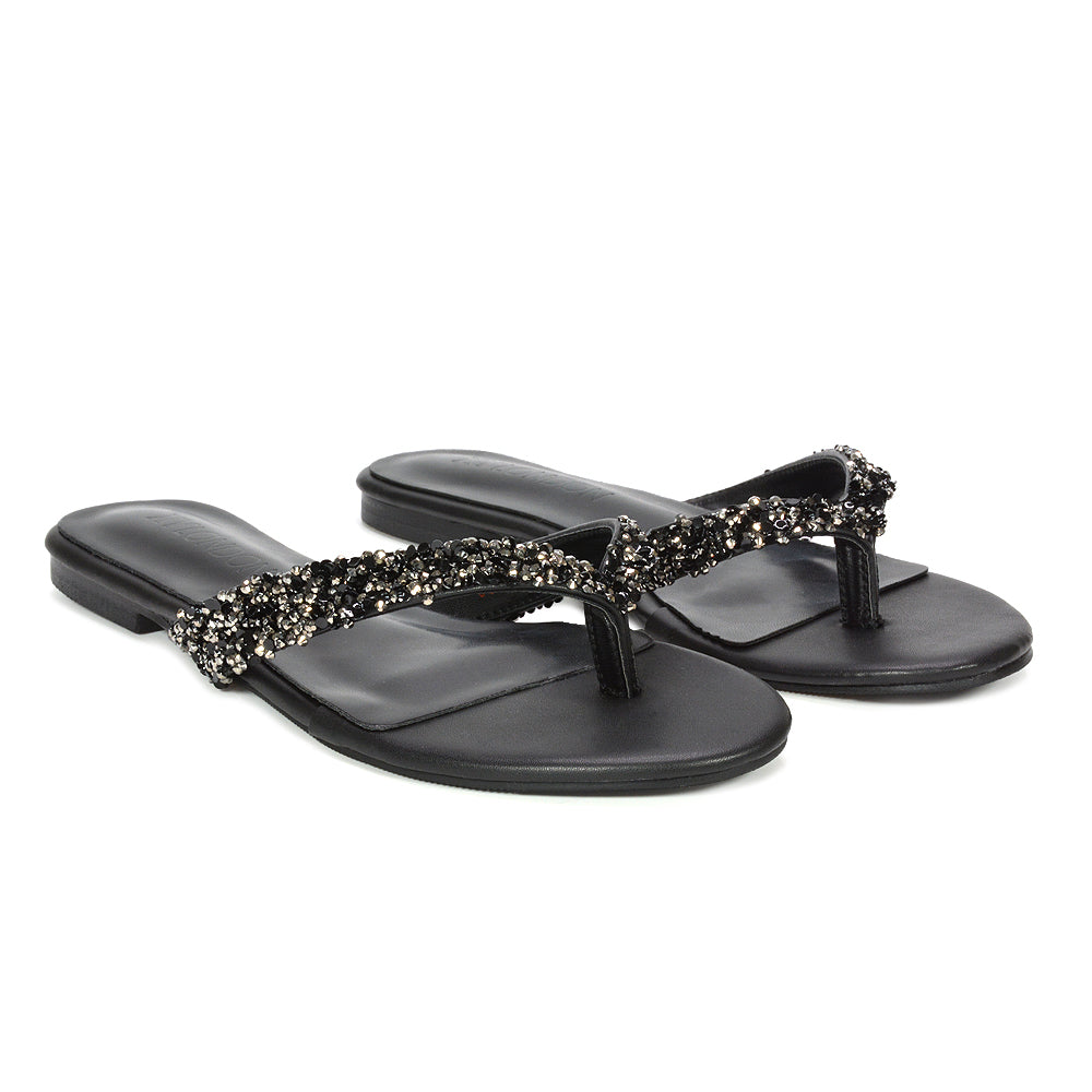 cheap black embellished sandals, black lightweight travel sandals, black wedding guest sandals, black embellished flat sandals for summer outfits, black embellished thong sandals
