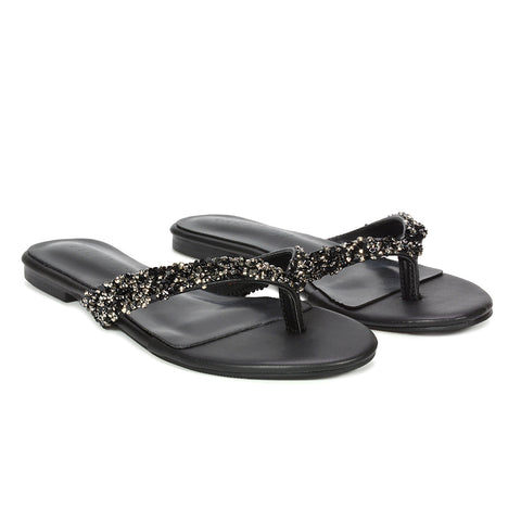 cheap black embellished sandals, black lightweight travel sandals, black wedding guest sandals, black embellished flat sandals for summer outfits, black embellished thong sandals