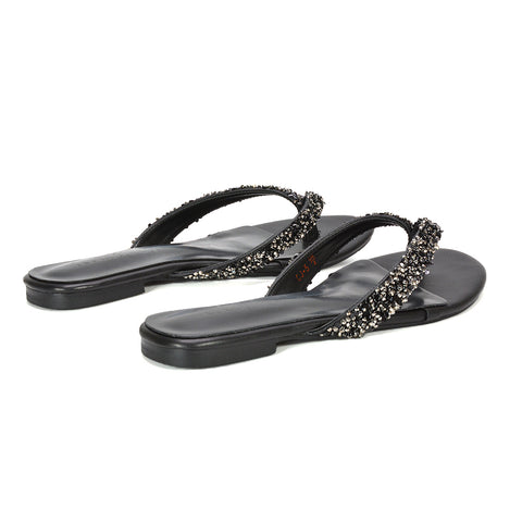 black flat sandals women, comfortable black slip on sandals with rhinestones, black bridesmaid flip flops, black comfortable everyday sandals, best black holiday sandals women