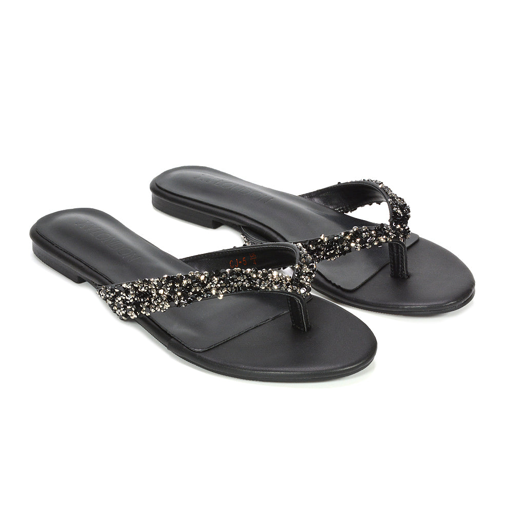 trendy black summer sandals UK, black non slip flat sandals, black honeymoon sandals, black holiday sandals lightweight and stylish, black sparkly flip flops