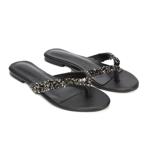 trendy black summer sandals UK, black non slip flat sandals, black honeymoon sandals, black holiday sandals lightweight and stylish, black sparkly flip flops