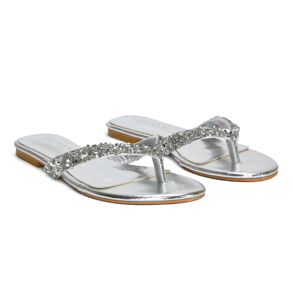 silver embellished thong sandals, silver embellished flat sandals for summer outfits, silver wedding guest sandals, silver lightweight travel sandals, cheap silver embellished sandals