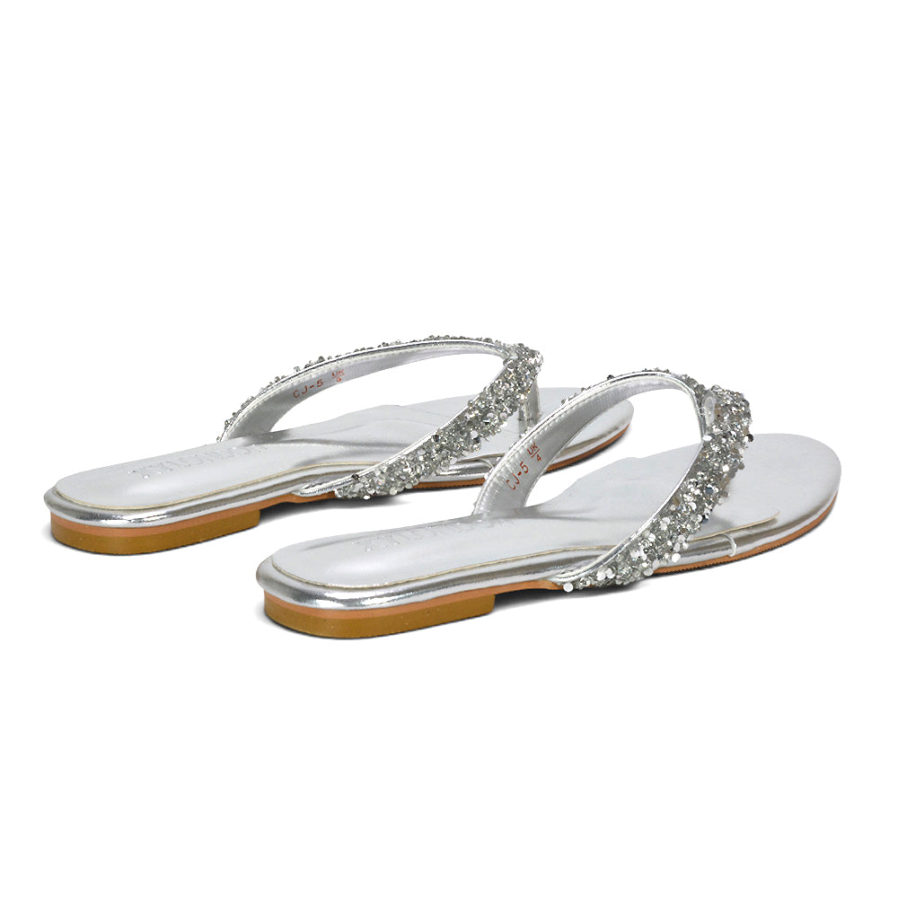 best silver holiday sandals women, silver lightweight travel sandals, silver wedding guest sandals, silver embellished flat sandals for summer outfits, silver embellished flat sandals for summer outfits, silver embellished thong sandals