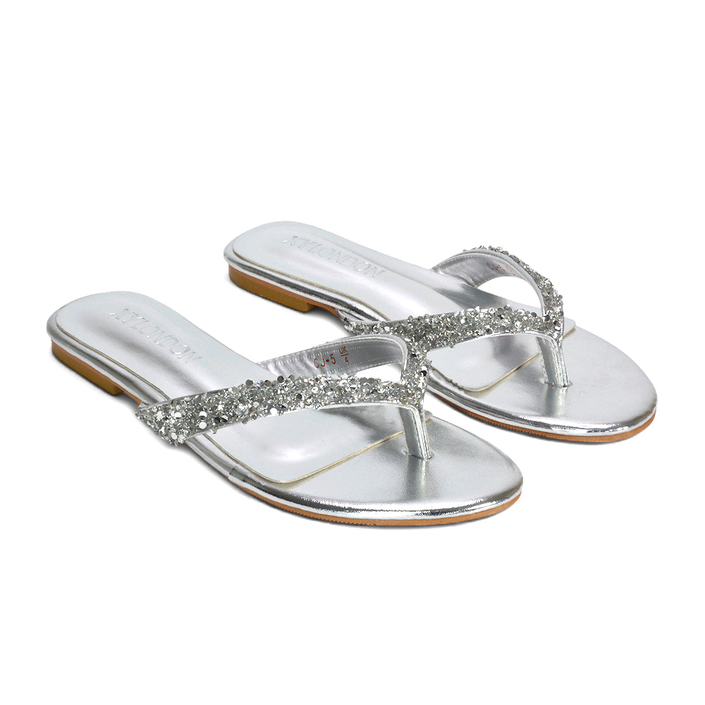 silver flat sandals women, comfortable silver slip on sandals with rhinestones, silver bridesmaid sandals, silver comfortable everyday sandals, best silver holiday sandals women