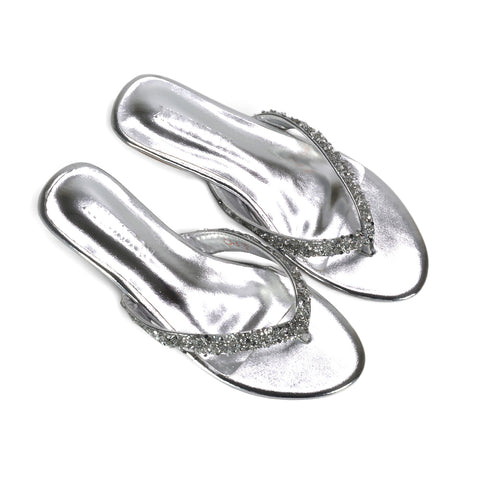 silver slip on sandals, silver diamante sandals for weddings or parties, silver festival sandals women, silver chic summer sandals