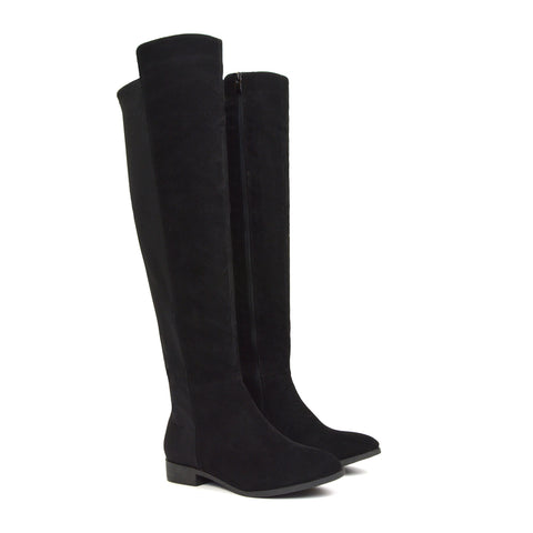 LEGS-ELEVEN FLAT ELASTICATED BACK PANELS OVER THE KNEE BOOTS IN BLACK FAUX SUEDE