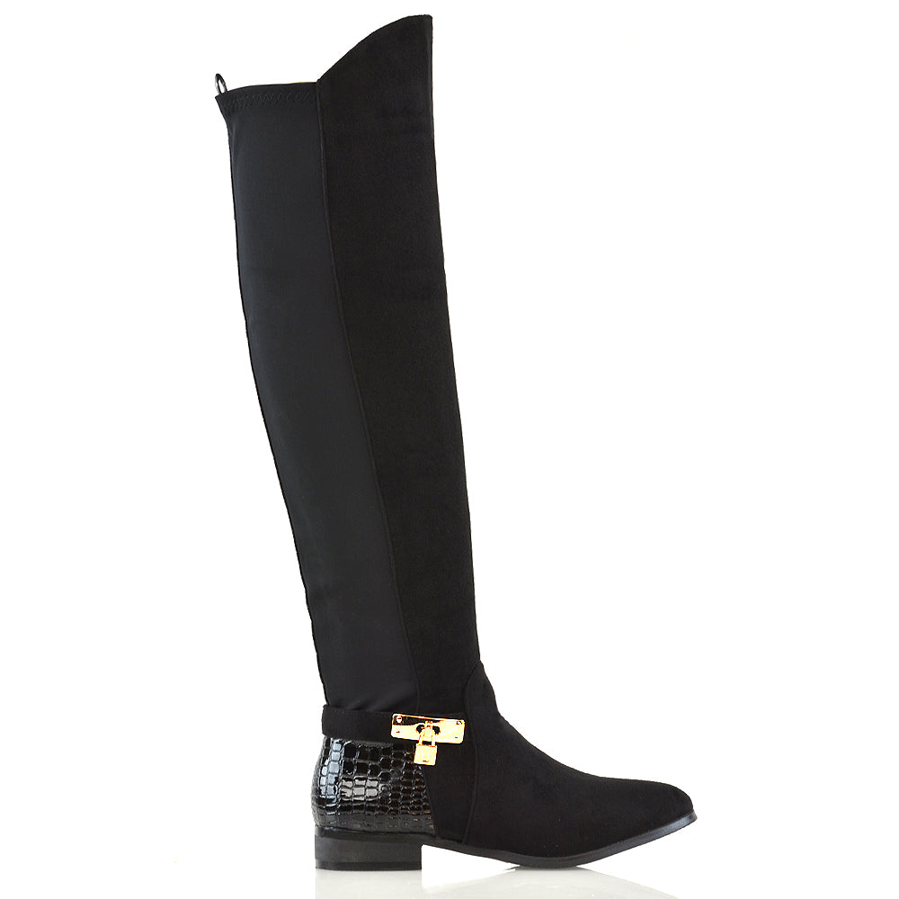 Black Faux Suede Flat Boots, Black Faux Suede Flat Knee High Boots, Flat Boots, Flat Knee High Boots