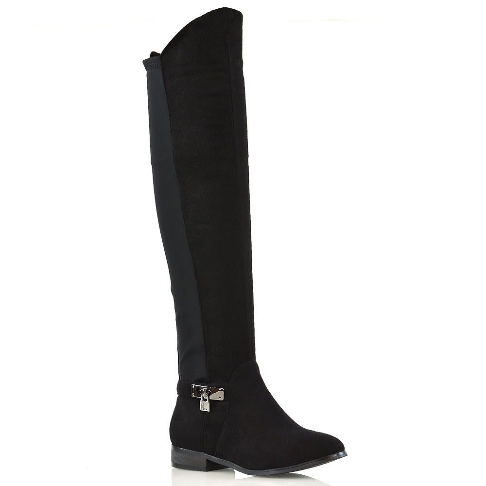 Black Faux Suede Zip Up Boots, Black Faux Suede Stretchy Boots, Black Faux Suede Stretchy Calf Boots, Black Faux Suede Stretchy Calf Knee High Boots