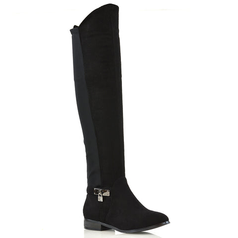 Black Faux Suede Zip Up Boots, Black Faux Suede Stretchy Boots, Black Faux Suede Stretchy Calf Boots, Black Faux Suede Stretchy Calf Knee High Boots