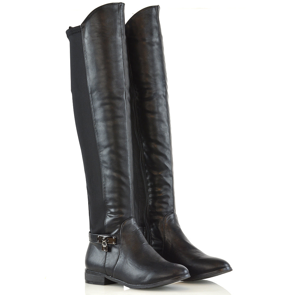 Black PU Boots, Black Synthetic Leather Boots, Black Knee High Boots, Black Long Boots