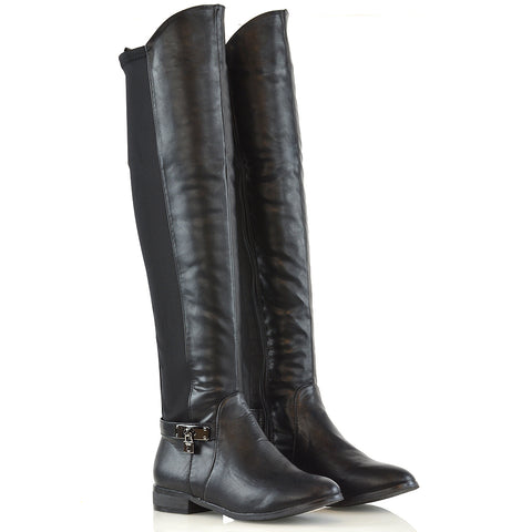 Black PU Boots, Black Synthetic Leather Boots, Black Knee High Boots, Black Long Boots