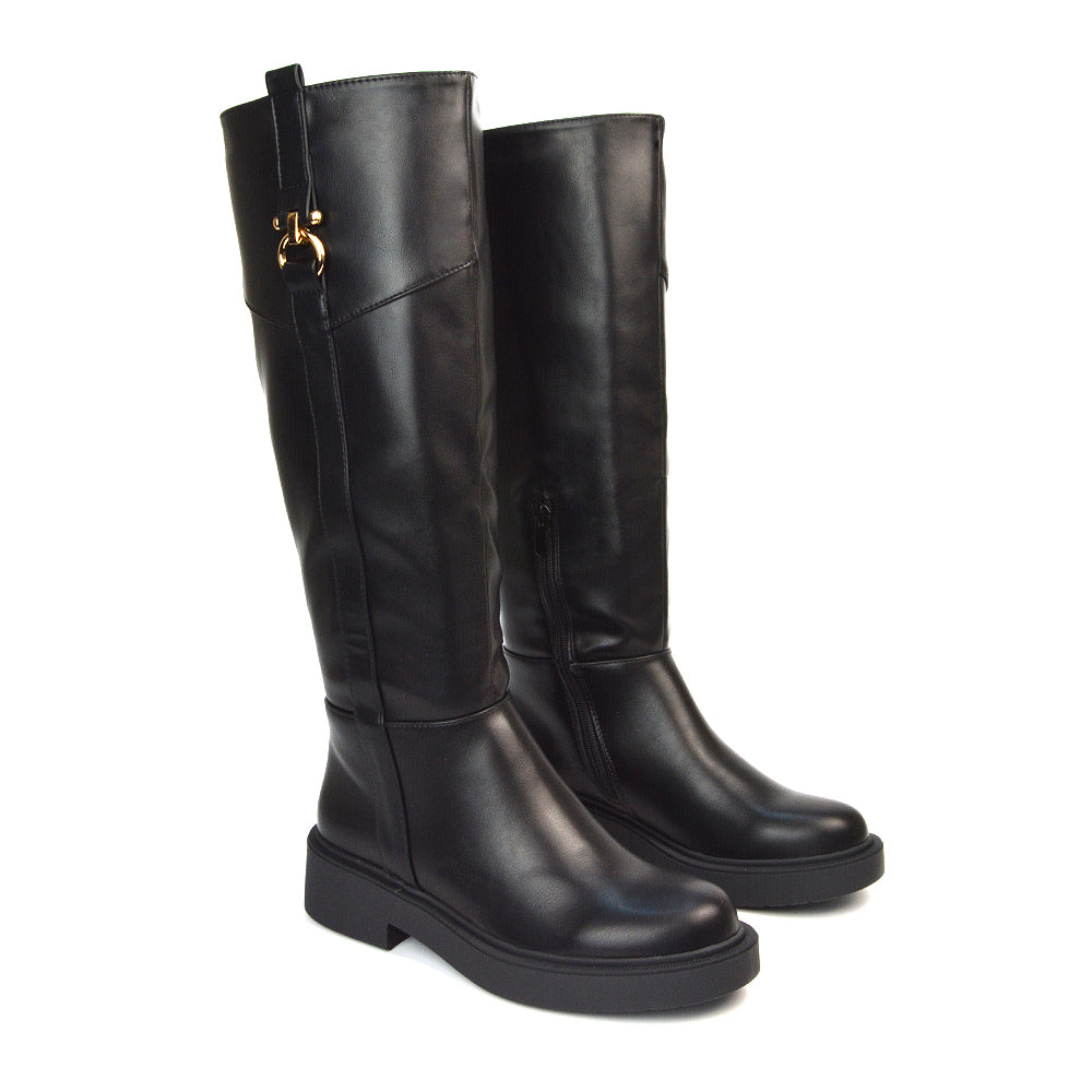 Black Flat Heel Knee High Boots, Women's Black Boots, Flat Heel Knee High Boots, Women's Boots