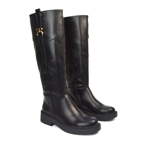 Black Flat Heel Knee High Boots, Women's Black Boots, Flat Heel Knee High Boots, Women's Boots