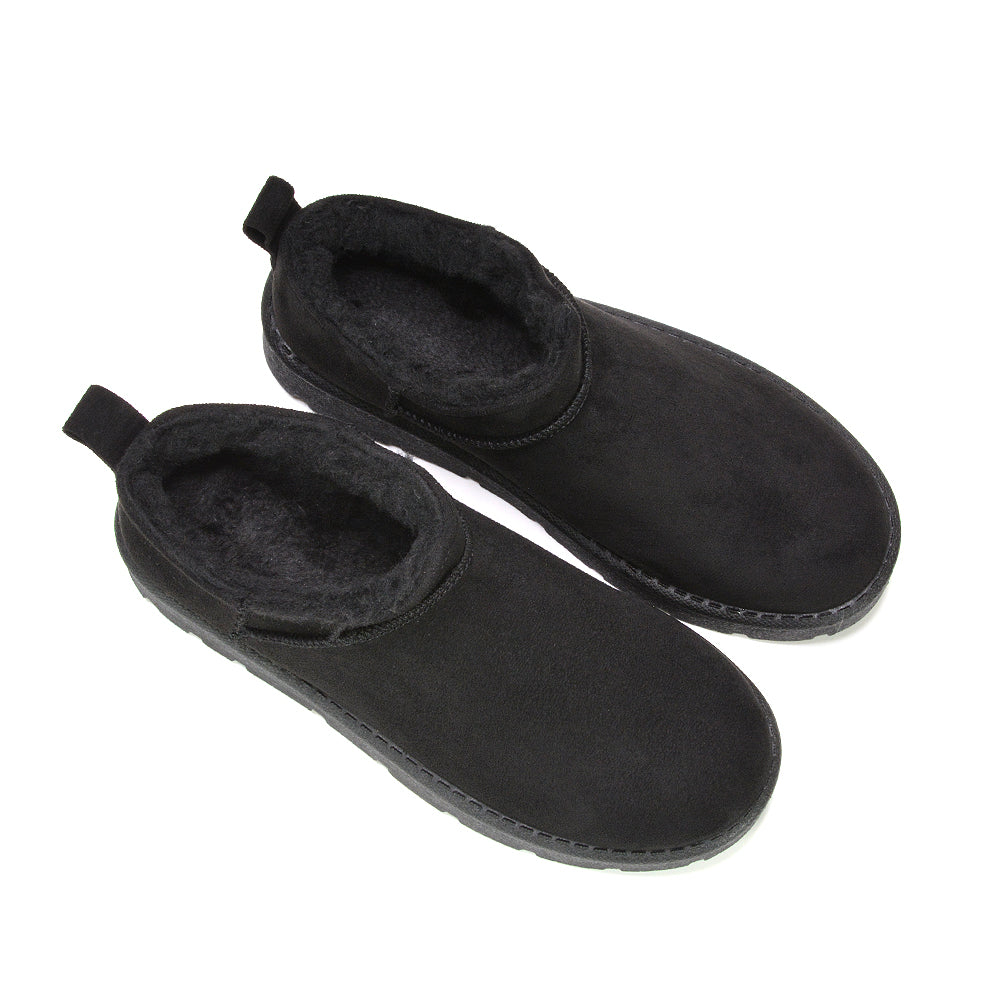 black slip on boots, Fleece lined winter footwear, Pull-on ankle boots with fur, Cute cozy boots for women