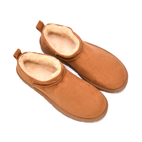 chestnut slip on boots, Fleece lined winter footwear, Pull-on ankle boots with fur, Cute cozy boots for women