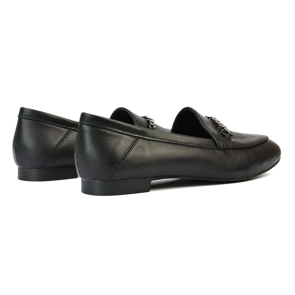 Women’s loafers with gold chain, Women’s leather-look loafers, Loafers for formal and casual outfits, School uniform shoes for girls