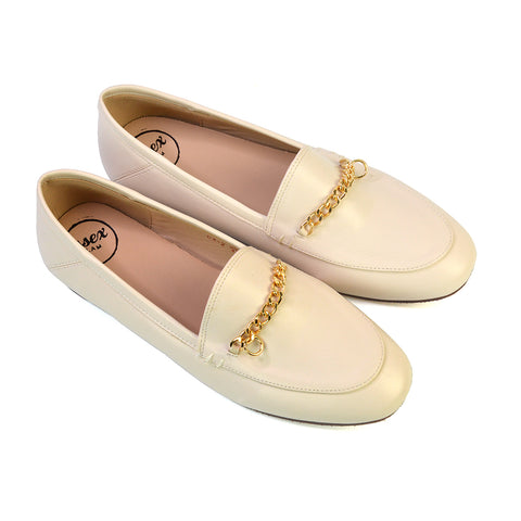 Faux leather loafers for women, nude shiny loafers for office, Smart casual shoes for college, Classic loafers for women
