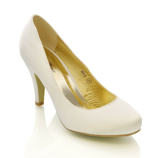 ELISABETH MID STILETTO HIGH WEDDING HEELS SLIP ON BRIDAL COURT SHOES SATIN