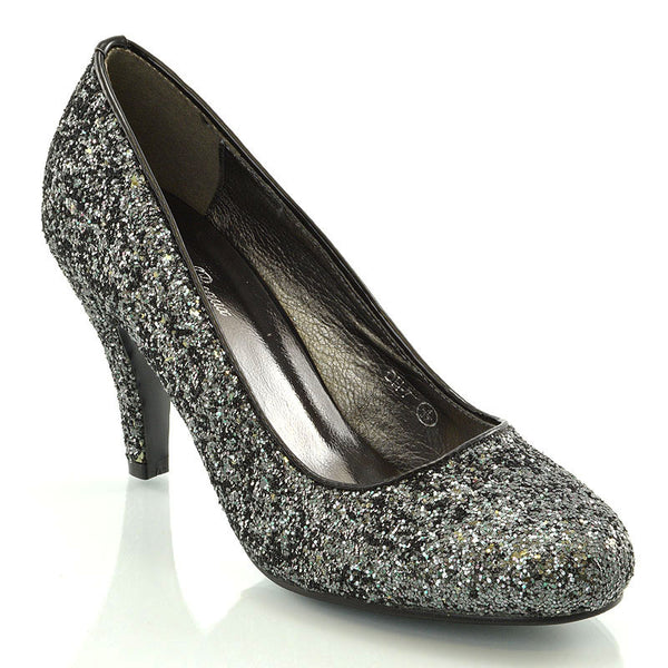 Dafney Pointed Closed Toe mid Stiletto High Heel Slip on Court Shoes Glitter