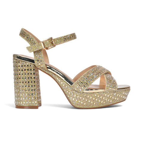 gold sparkly rhinestone strappy platform block heels, gold bridal platform block heels, gold sparkly party heels, comfortable gold platform block heels, best gold heels for wedding guests
