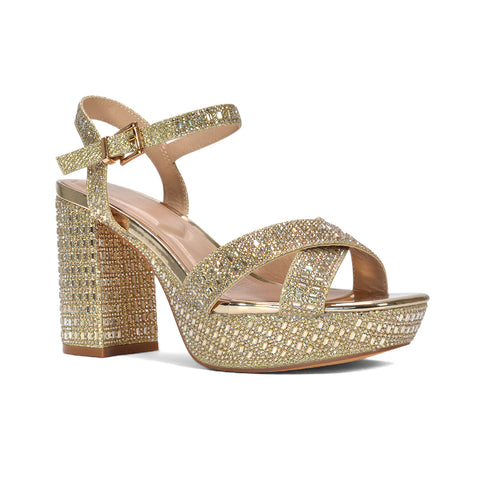 comfortable gold heels for dancing, comfortable gold party heels, gold rhinestone heels for prom, gold wedding guest heels, women's gold rhinestone platform block heels