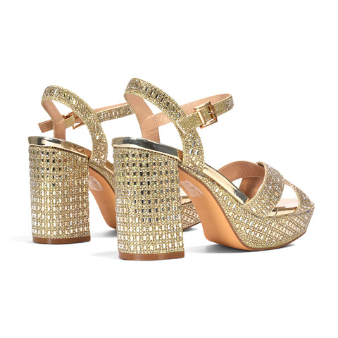 comfortable gold wedding shoes with block heel, supportive gold platform sandals, gold evening sandals with rhinestones, gold rhinestone wedding shoes, gold platform block heel sandals for women