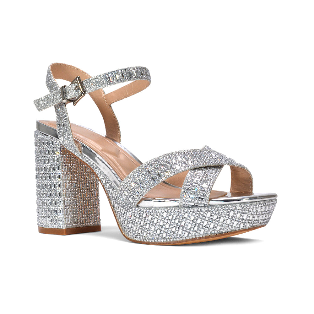 what silver heels go with a wedding guest outfit, supportive silver platform sandals, silver shoes for formal occasions, silver diamante block heel sandals
