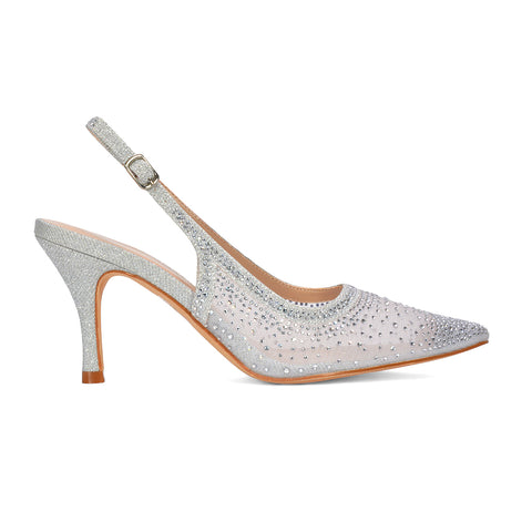 silver slingback bridal heels, silver slingback heels, slingback bridal heels, slingback heels, Rhinestone high heels, Silver glitter pointed toe heels for evening wear
