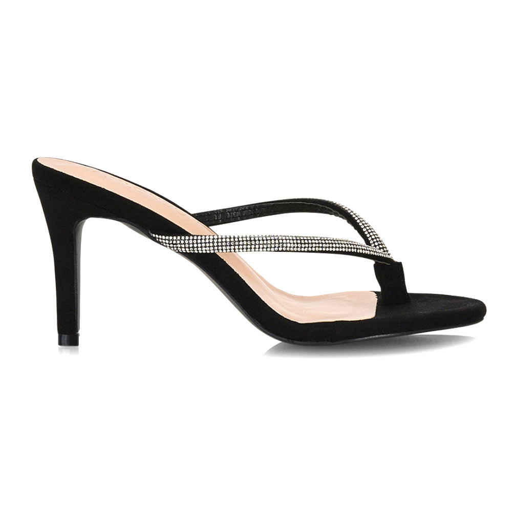 Black Diamante Heels, Women's black diamante strappy toe post stiletto heels, Buy black diamante mule heels