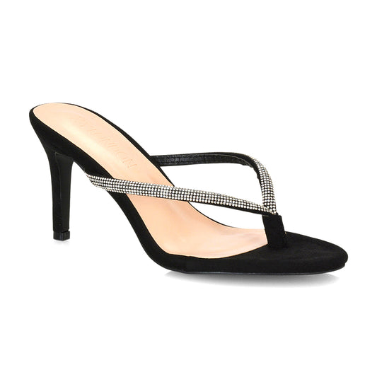 Black party heels for women, Black rhinestone flip flop mule heels for women, Black Strappy Mule Heels