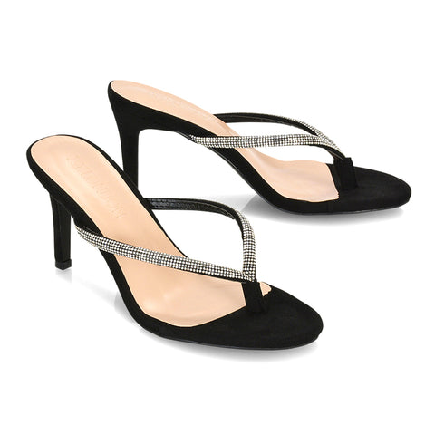 Black wedding guest heels, Black crystal embellished slip-on high heels, Black Stiletto Sandals