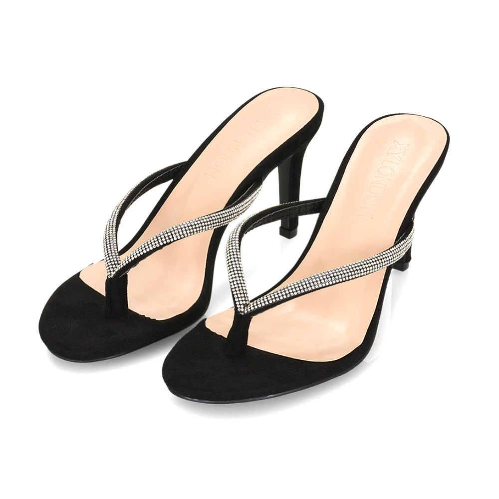 Black Rhinestone Heels, Women's black party and evening stiletto sandals, Black rhinestone mule sandals