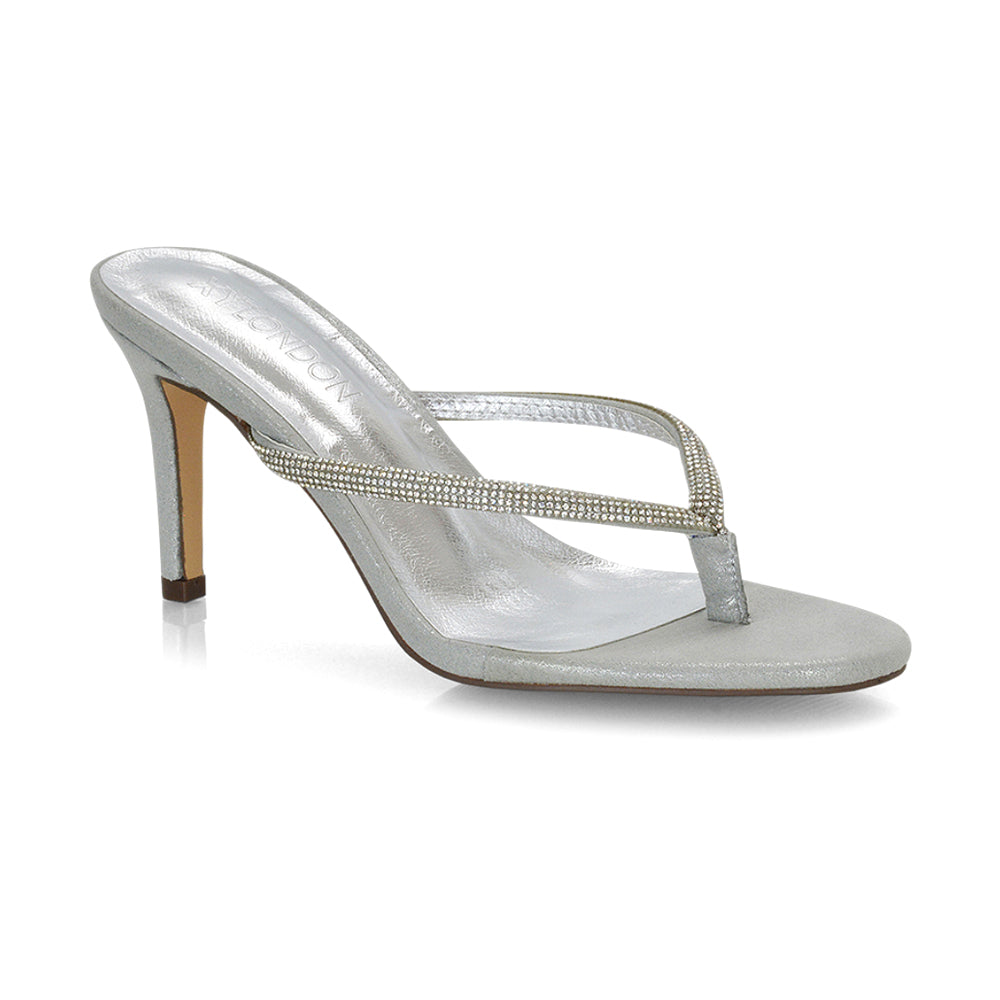 Silver Diamante Heels, Women's silver diamante stiletto mule sandals, Glitter Silver Heels