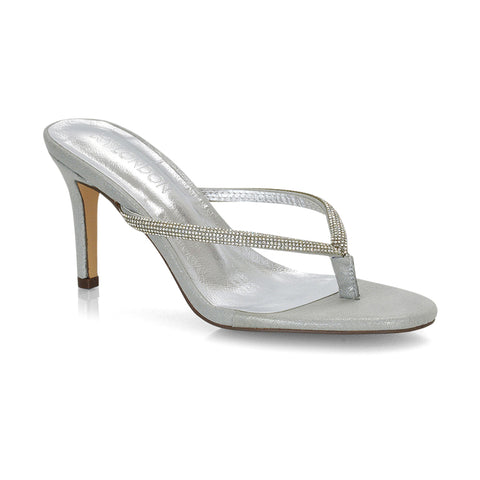 Silver Diamante Heels, Women's silver diamante stiletto mule sandals, Glitter Silver Heels