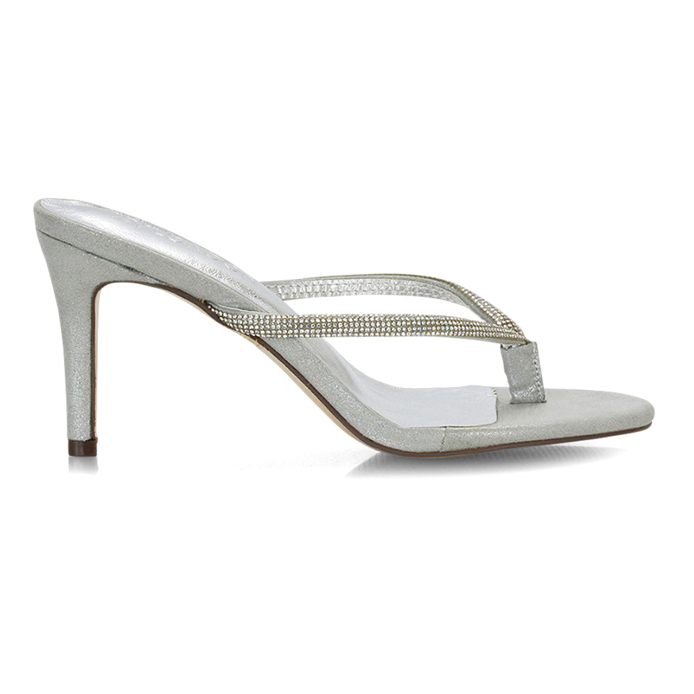 Silver Bridal Heels, Silver crystal toe post high heels for women, Silver Stiletto Mule Heels