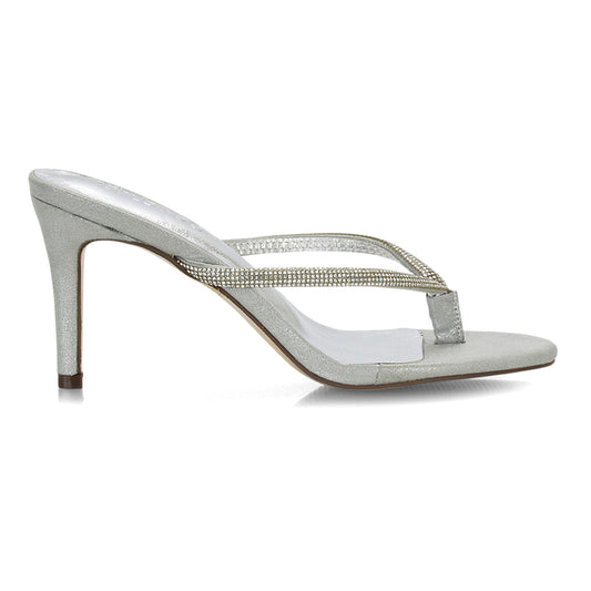 Silver Bridal Heels, Silver crystal toe post high heels for women, Silver Stiletto Mule Heels