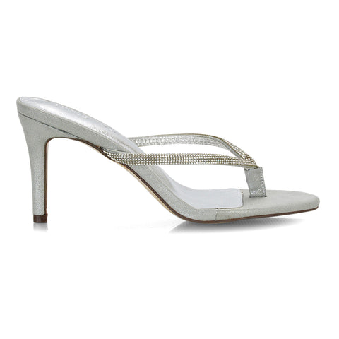 Silver Bridal Heels, Silver crystal toe post high heels for women, Silver Stiletto Mule Heels