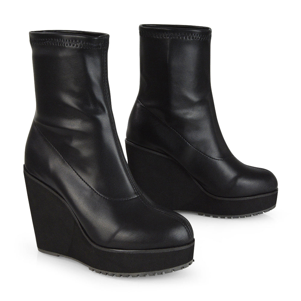 women’s platform boots, pull-on wedge ankle boots, sleek black ankle boots, winter wedge ankle boots