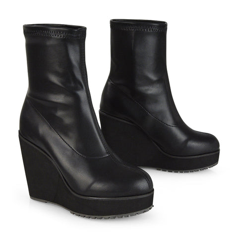 women’s platform boots, pull-on wedge ankle boots, sleek black ankle boots, winter wedge ankle boots
